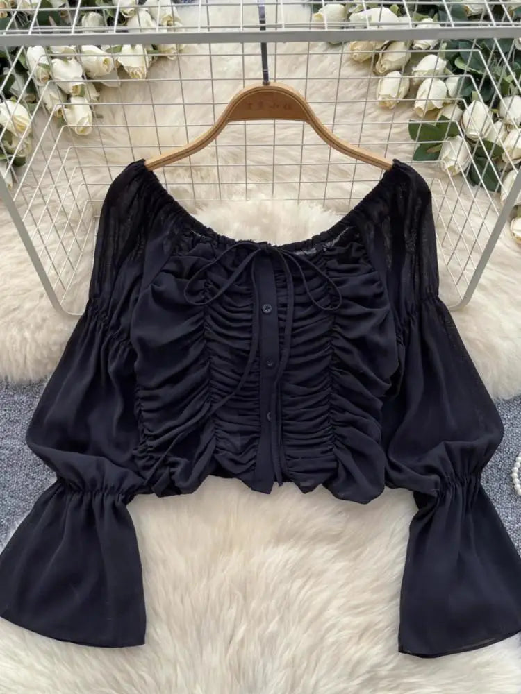 French 2024 Autumn New Black Beige Slim Festival Blouse Women Green Flared Long Sleeved Pleated Lace-up Short Shirt Versatile