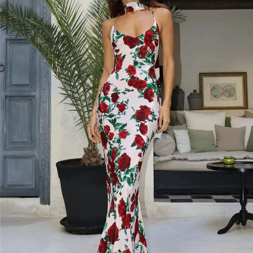 Load image into Gallery viewer, Halter Backless Print Sexy Maxi Dress For Women Gown Elegant Sleeveless High Waist Evening Club Party Long Dress
