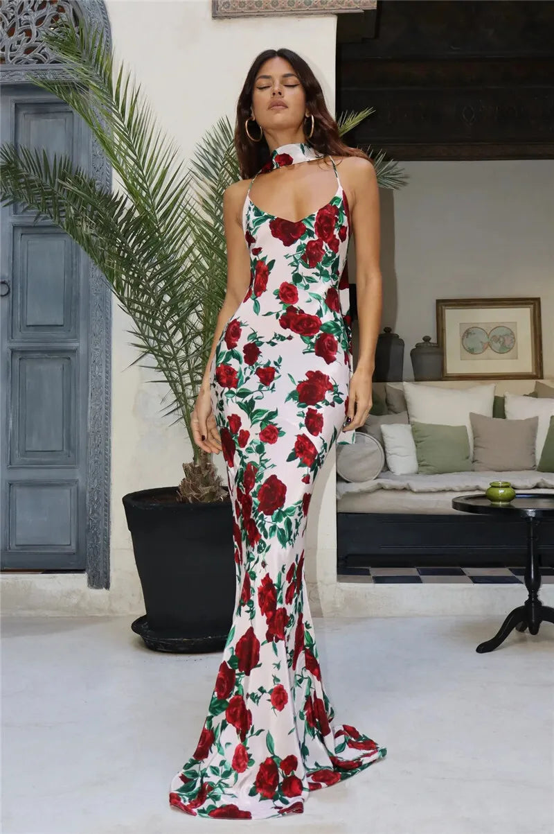 Halter Backless Print Sexy Maxi Dress For Women Gown Elegant Sleeveless High Waist Evening Club Party Long Dress