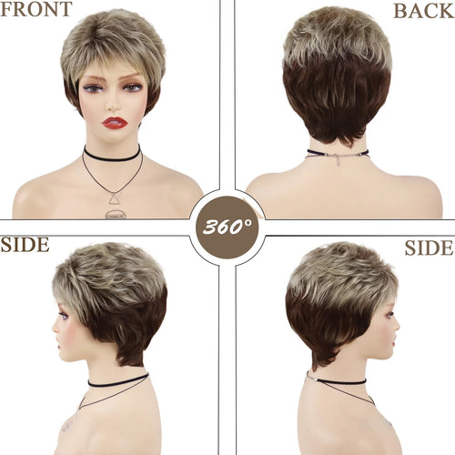 Load image into Gallery viewer, Synthetic Hair Ombre Blonde Wig with Bangs Short Wigs for White Women Pixie Cut Wig Female Brown Roots Layered Wig
