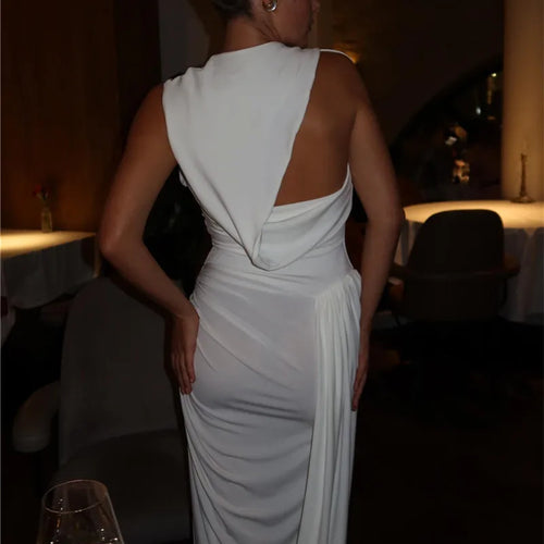 Load image into Gallery viewer, Hollow Out Draped Ruched Sexy Maxi Dress Women Gown Elegant Sleeveless Backless Thigh High Split Long Dress Clubwear
