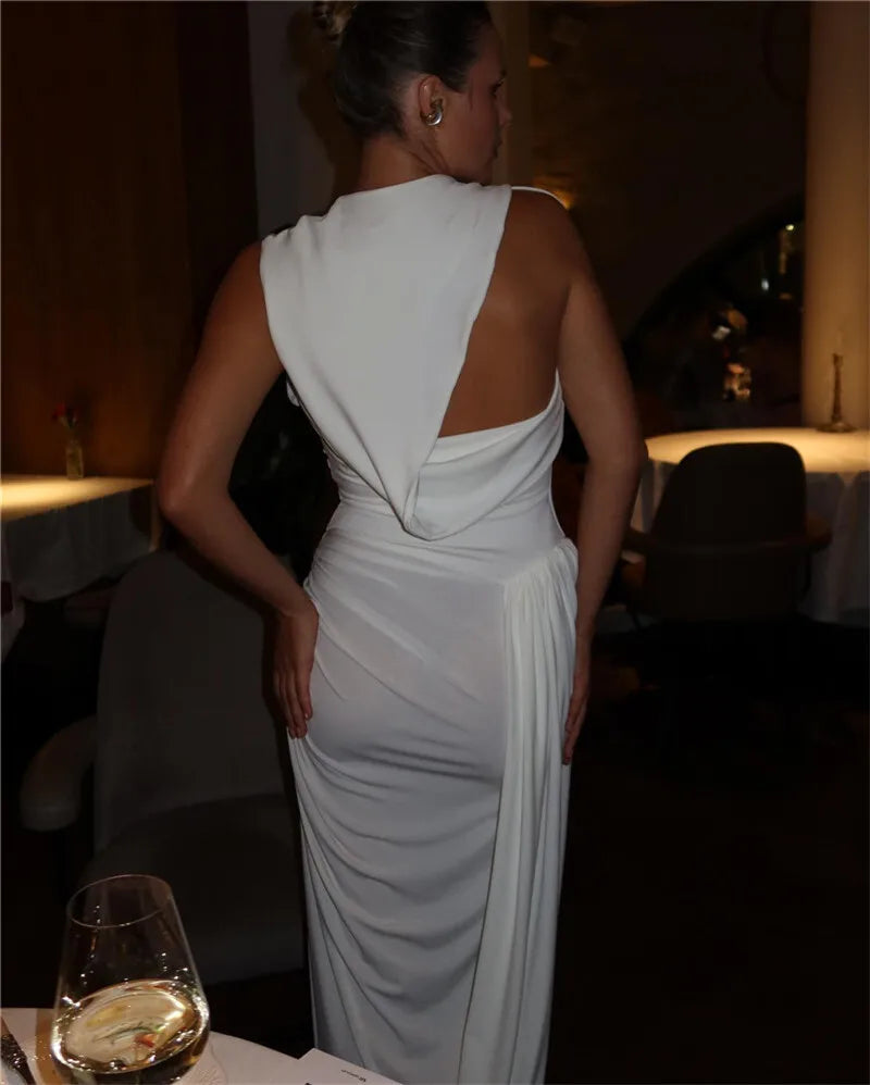 Hollow Out Draped Ruched Sexy Maxi Dress Women Gown Elegant Sleeveless Backless Thigh High Split Long Dress Clubwear