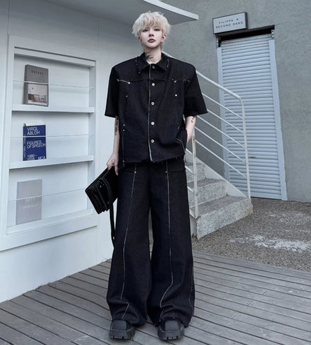 Men's Pants Set New Summer Fringed Zipper Short Sleeved Single Breasted Trendy Solid Color Denim Pants Menwear 9W1799