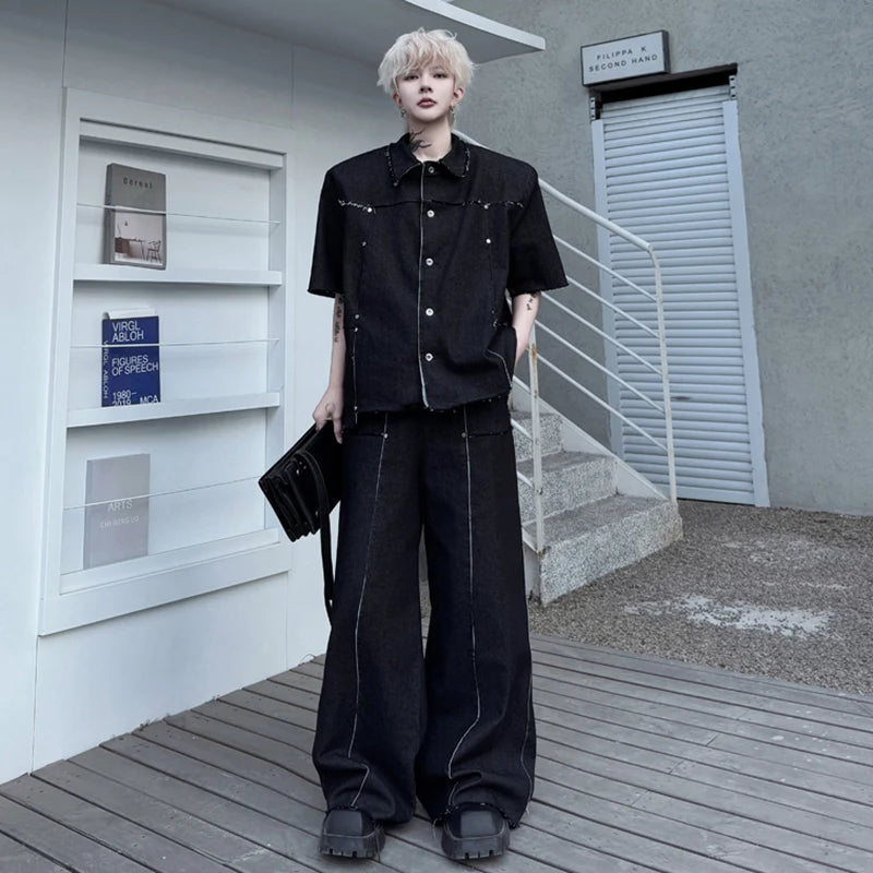 Men's Pants Set New Summer Fringed Zipper Short Sleeved Single Breasted Trendy Solid Color Denim Pants Menwear 9W1799