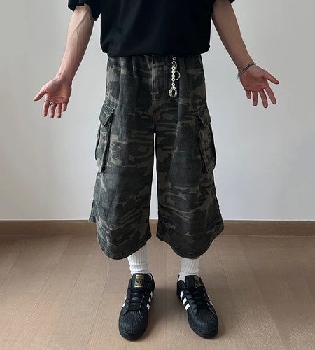 American Style Men's Denim Shorts Large Pocket Camouflage Workwear Trousers Straight Leg Casual Male Jeans 9C6708