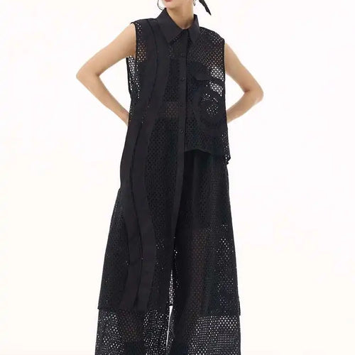 Load image into Gallery viewer, Women White Hollow Out Big Size Long Elegant Shirt Dress New Lapel Sleeveless Fashion Tide Spring Autumn 2025 1DH9424
