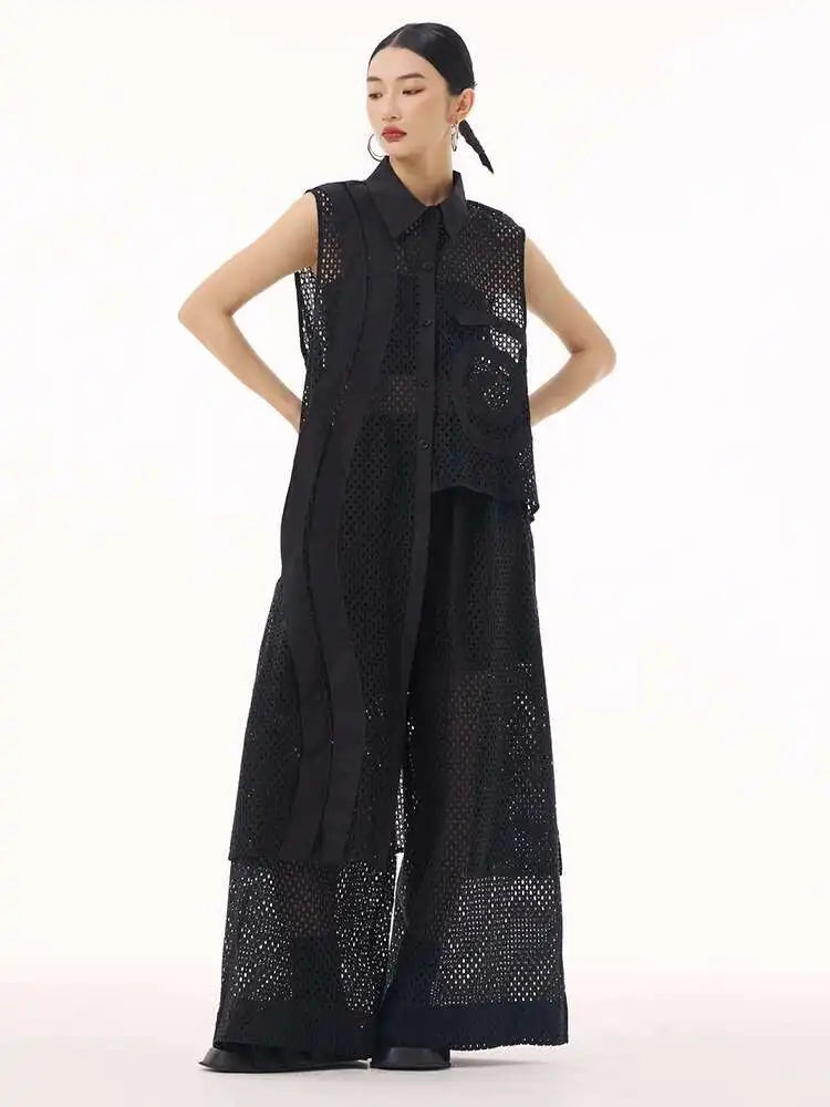 Women White Hollow Out Big Size Long Elegant Shirt Dress New Lapel Sleeveless Fashion Tide Spring Autumn 2025 1DH9424