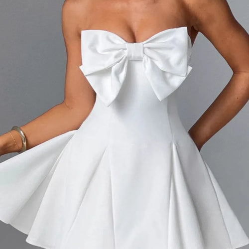 Load image into Gallery viewer, Bow Strapless Backless Sexy Mini Dress For Women Robe Fashion Solid Off-shoulder Sleeveless A-line Club Dress Vestido
