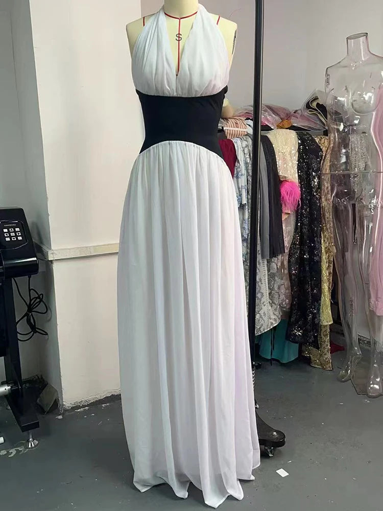Halter Deep V Neck Backless Sexy Maxi Dress Women Gown Fashion Patchwork Sleeveless High Waist Club Party Long Dress