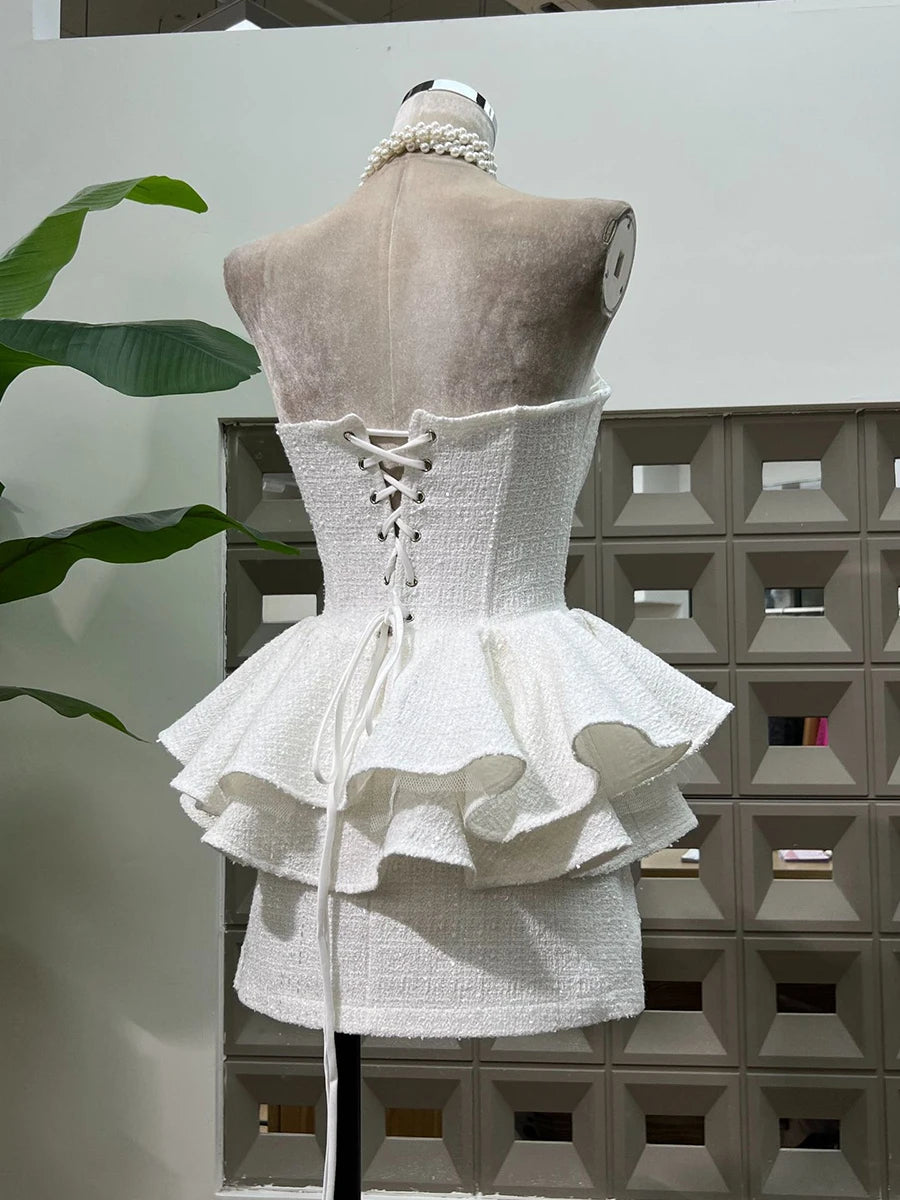 Spliced Sequins Two Piece Sets for Women Strapless Sleeveless Patchwork Ruffles Vest High Waist Skirt Set Female New