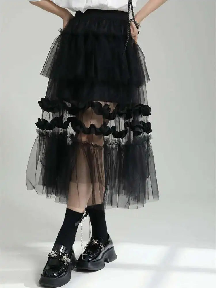High Elastic Waist Black Irregular Mesh Perspective Midi Half-body Skirt Women Fashion Tide New Spring Autumn 2025 1DF7528