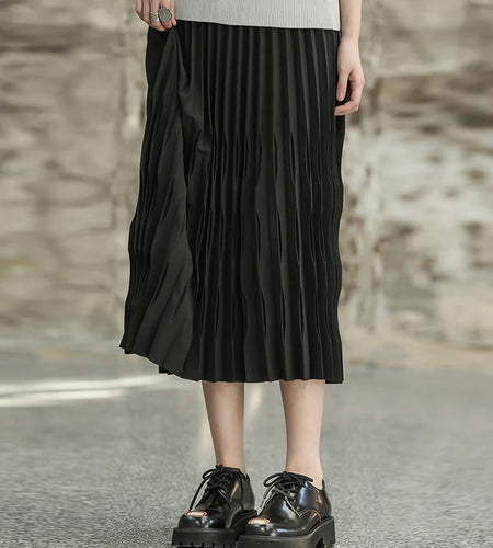 High Elastic Waist Black Pleated Shaped Elegant Midi Half-body Skirt Women Fashion Tide New Spring Autumn 2025  1DF6806