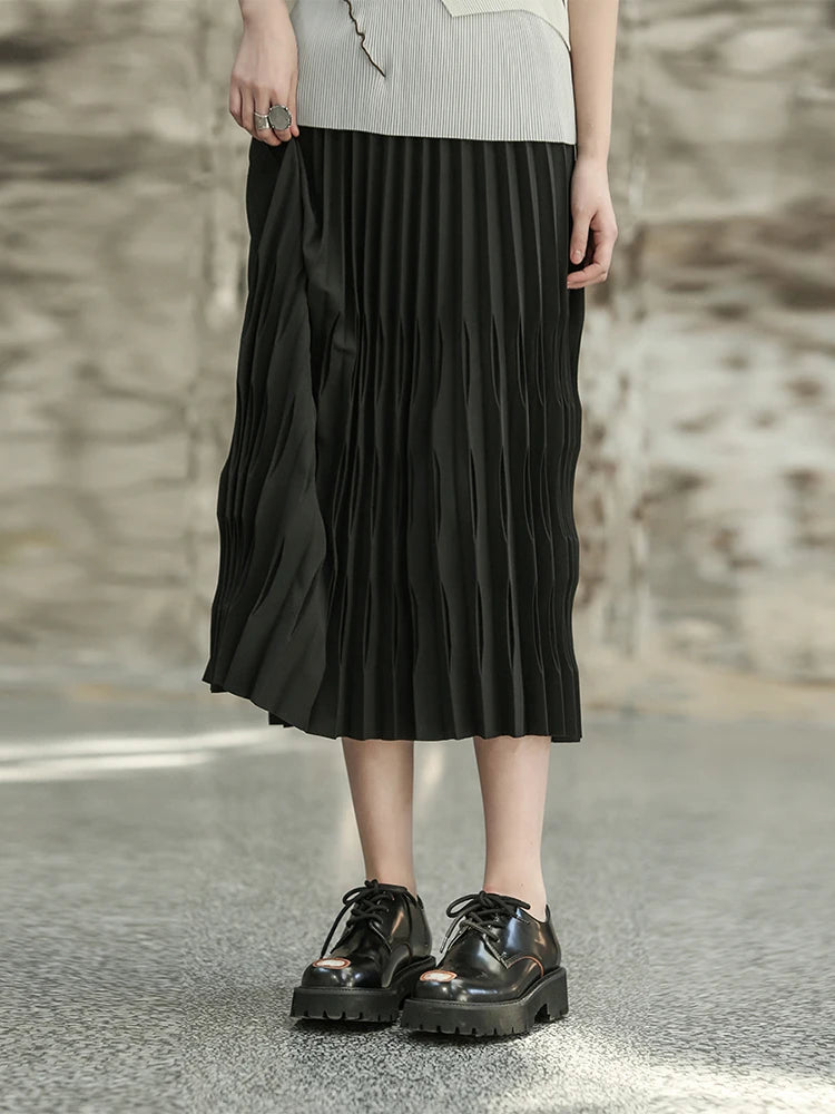 High Elastic Waist Black Pleated Shaped Elegant Midi Half-body Skirt Women Fashion Tide New Spring Autumn 2025  1DF6806