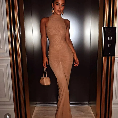 Load image into Gallery viewer, Sleeveless Ruched Sexy Maxi Dress For Women Gown Fashion Two Layer Mesh Bodycon Club Long Dress Vestido Elegant
