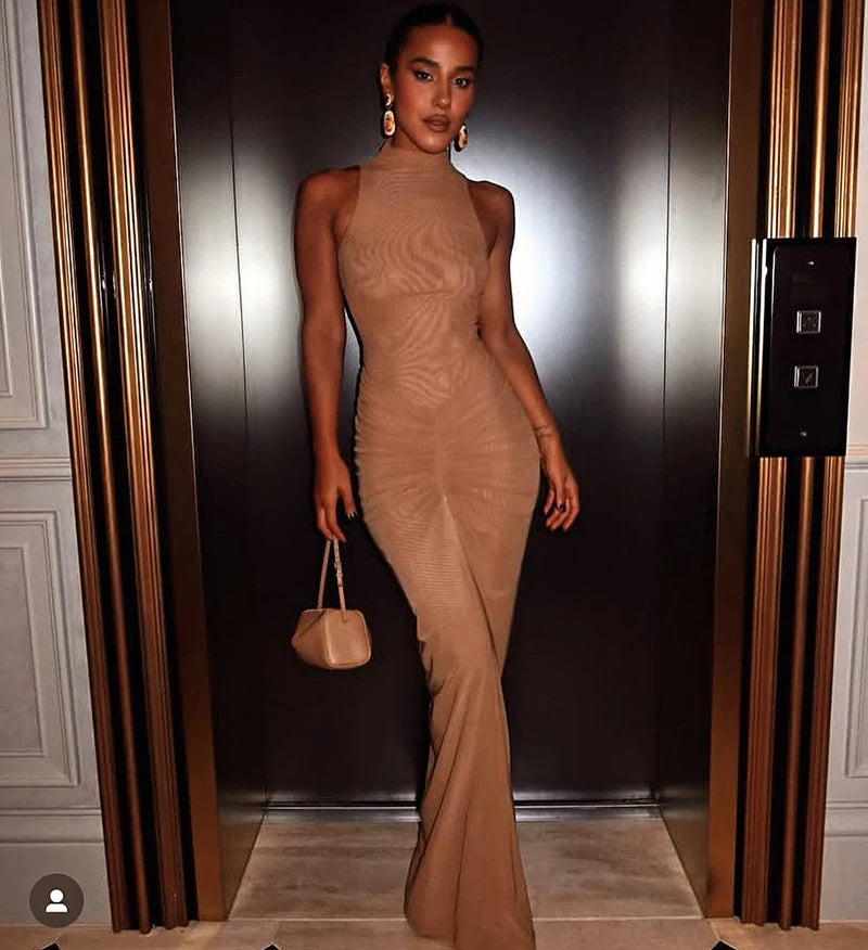 Sleeveless Ruched Sexy Maxi Dress For Women Gown Fashion Two Layer Mesh Bodycon Club Long Dress Vestido Elegant