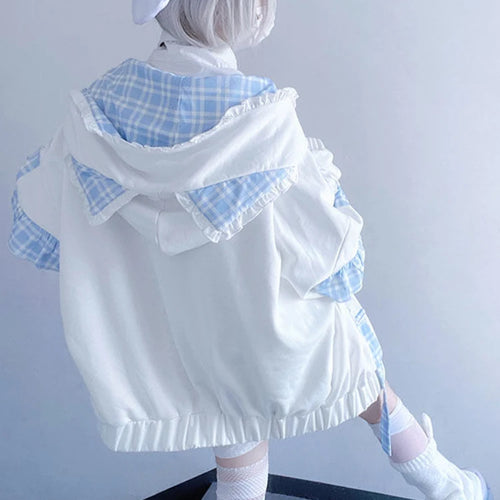Load image into Gallery viewer, Y2k Aesthetic Lace Ruffle Plaid Hoodies Thick Y2k Jacket Women Kawaii Streetwear Harajuku Coats Casual Loose Grunge Kawaii Coats
