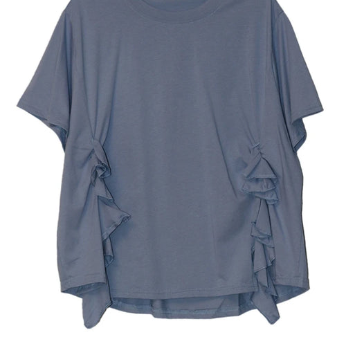 Load image into Gallery viewer, Women Black Ruffles Irregular Big Size Casual T-shirt New Round Neck Short Sleeve Fashion Tide Spring Summer 2025 1DJ0484
