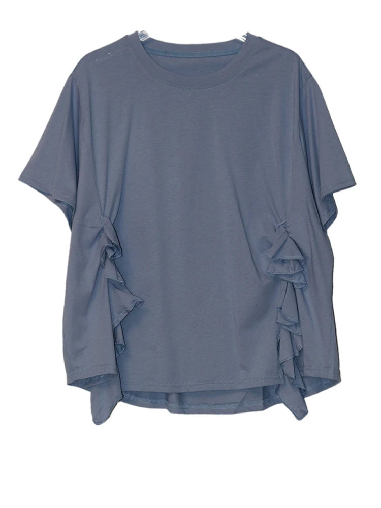 Women Black Ruffles Irregular Big Size Casual T-shirt New Round Neck Short Sleeve Fashion Tide Spring Summer 2025 1DJ0484