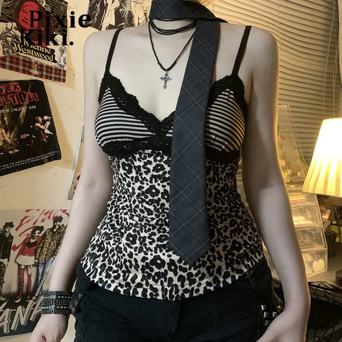 Load image into Gallery viewer, Cheetah Print Y2k 2000s Cami Tops Lace Trim Deep V Neck Backless Cute Tank Top Women Clothing P84-BF10
