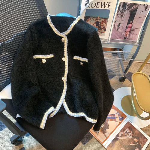 Load image into Gallery viewer, Autumn Winter French Black White Patchwork Knitted Cardigan Tops Women V Neck Single Breasted Long Sleeve Imitation Mink Sweater
