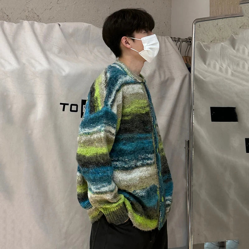 Men's Sweater New Spring Stripes Contrast Color Knitted Male Loose Casual Single Breasted Cardigan Handsome Knits 9W1478