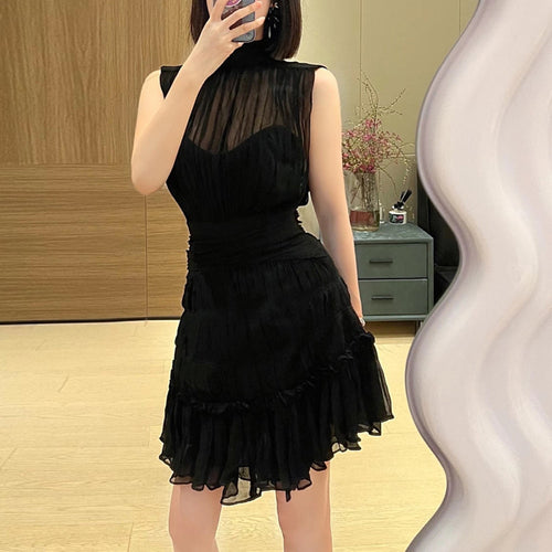 Load image into Gallery viewer, Patchwork Layered Ruffle Hem Dress For Women Turtleneck Sleeveless High Waist Solid Mini Dresses Female Summer
