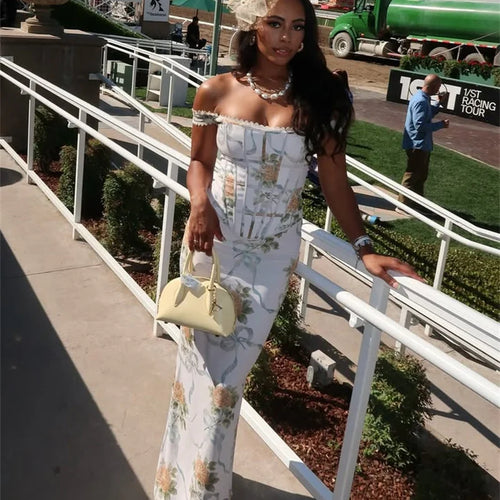 Load image into Gallery viewer, Vintage Print Sexy Maxi Dress Women Gown Summer Off-shoulder Sleeveless Backless Bodycon Club Party Long Dress Elegant
