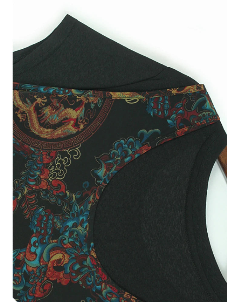 Women Black Pattern Printed Big Size Midi Dress New Round Neck Short Sleeve Fashion Tide Spring Summer 2025 1DJ0298