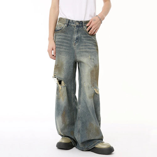 Load image into Gallery viewer, Summer Male Denim Pants Worn-out Hole Contrast Color Straight Wide Leg Casual Men&#39;s Denim Pants High Street 9C6605
