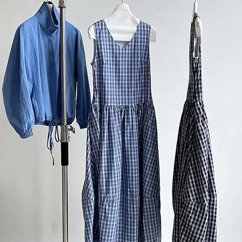 Load image into Gallery viewer, Women Dark Blue Plaid Pocket Vintage Long Elegant Vest Dress New V-Neck Sleeveless Fashion Tide Spring Summer 2025 1DJ0667
