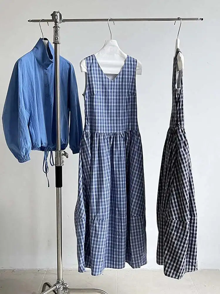 Women Dark Blue Plaid Pocket Vintage Long Elegant Vest Dress New V-Neck Sleeveless Fashion Tide Spring Summer 2025 1DJ0667