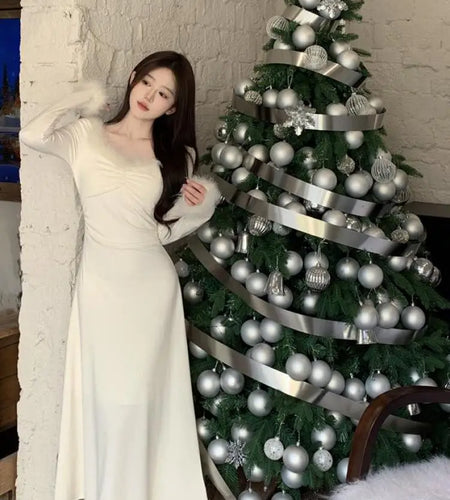 Vintage 2024 Autumn Winter White Elegant Party Dress Korean Fashion Woman Long Sleeve Hairy Square Neck Pleated Dress Slim Trend