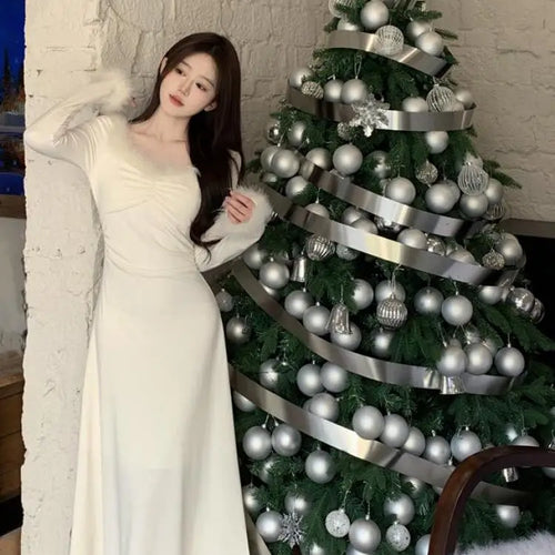 Load image into Gallery viewer, Vintage 2024 Autumn Winter White Elegant Party Dress Korean Fashion Woman Long Sleeve Hairy Square Neck Pleated Dress Slim Trend
