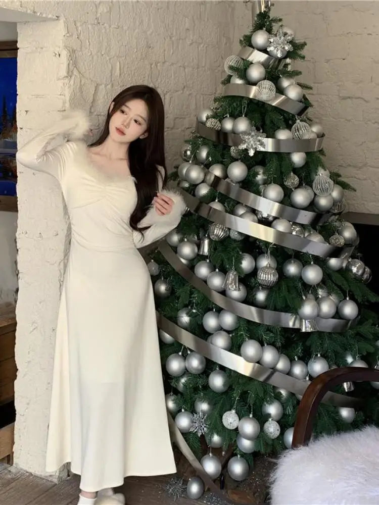 Vintage 2024 Autumn Winter White Elegant Party Dress Korean Fashion Woman Long Sleeve Hairy Square Neck Pleated Dress Slim Trend