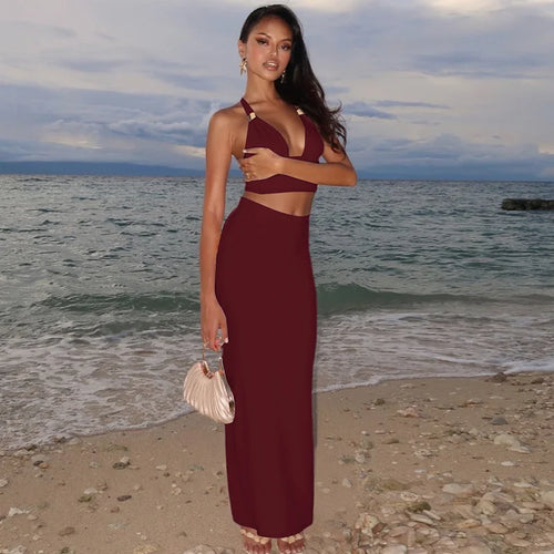 Load image into Gallery viewer, Elegant Summer 2 Piece Sets Women Metal Ring Crop Tops And Maxi Skirt Female Fashion Solid Lace-up Beach Two Piece Sets
