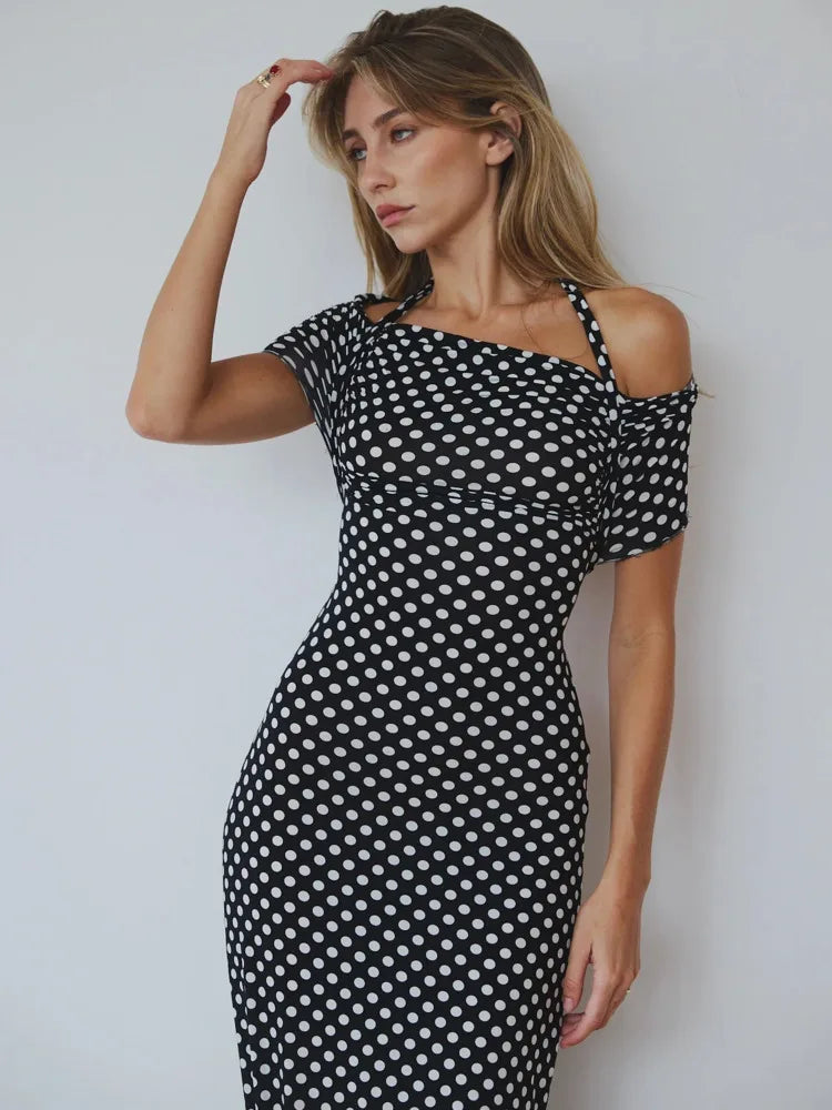 Elegant Sleeveless Hanging Collar One Shoulder Dress Women Sexy Backless Bodycon Slit Dress Party Holiday Beach Vestido