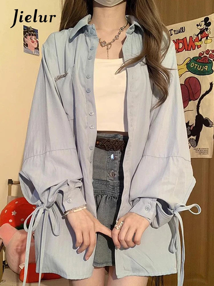 Blue French Style Elegant Women's Shirts Solid Color Lace-up Bow Fashion Sweet Office Lady Single Breasted Female Shirt