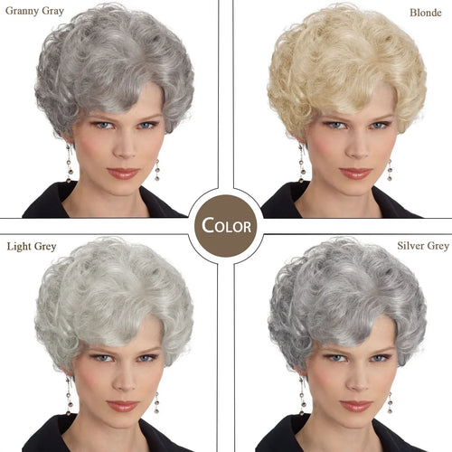 Load image into Gallery viewer, Old Lady Synthetic Granny Wigs for Women Silver Gray Wig with Bangs Natural Hairstyle Curly Short Haircuts for Mother Mommy Wigs
