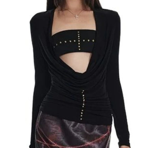 Load image into Gallery viewer, Two Pieces Set Punk Cross Rivets Sexy Women Strapless + Slim Harajuku Vintage Solid Knitted T-Shirt Y2k Aesthetic Fashion Outfit
