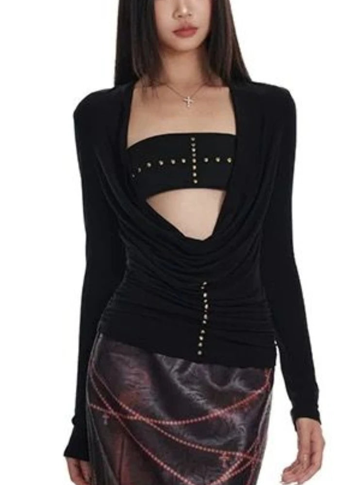 Two Pieces Set Punk Cross Rivets Sexy Women Strapless + Slim Harajuku Vintage Solid Knitted T-Shirt Y2k Aesthetic Fashion Outfit