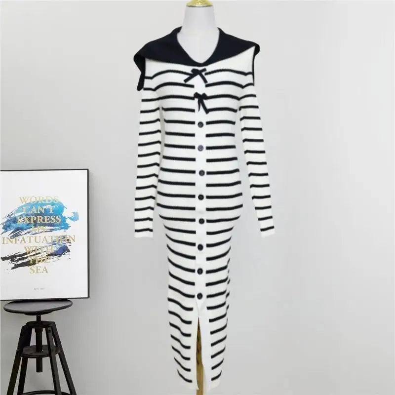 Autumn Winter Vintage Black White Striped Elegant Long Sleeve Dress Women French Single Breasted Office Bow Split Knitted Dress
