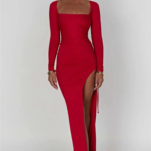 Load image into Gallery viewer, Long Sleeve Ruched High Split Maxi Dress Women Square Collar Drawstring Bodycon Sexy Party Long Dress Elegant Autumn

