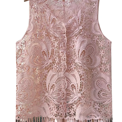 Load image into Gallery viewer, Solid Hollow Out Loose T Shirts For Women O Neck Sleeveless Minimalist Casual Spliced Tassel T Shirts Female New
