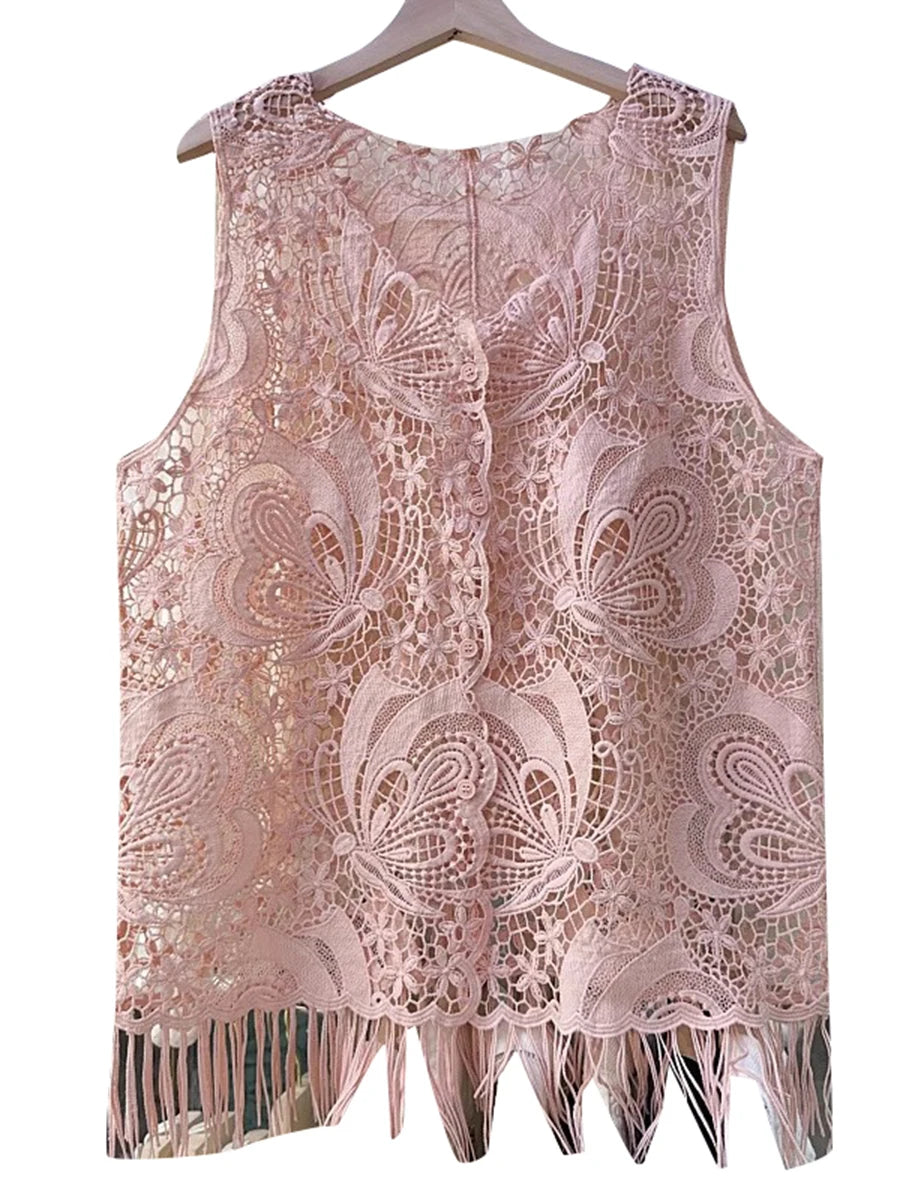 Solid Hollow Out Loose T Shirts For Women O Neck Sleeveless Minimalist Casual Spliced Tassel T Shirts Female New