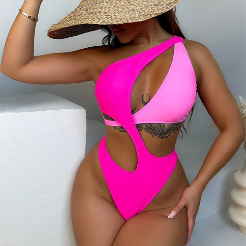 Load image into Gallery viewer, One Shoulder Patchwork One Piece Swimsuit Women 2024 High Waist Monokini Sexy Swimwear Hollow Out Bathing Suit
