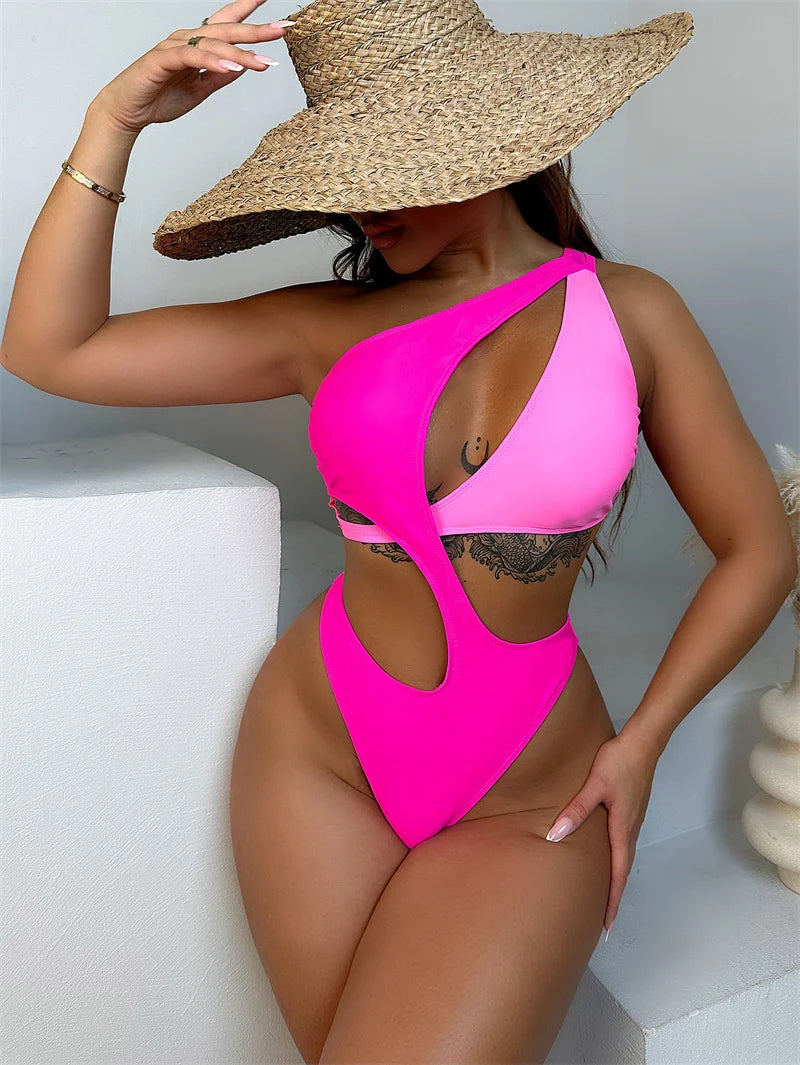 One Shoulder Patchwork One Piece Swimsuit Women 2024 High Waist Monokini Sexy Swimwear Hollow Out Bathing Suit