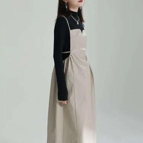 Load image into Gallery viewer, Women Apricot PU Leather Big Size Spaghetti Strap Dress New Square Collar Loose Fit Fashion Spring Autumn 2025 1DF4804
