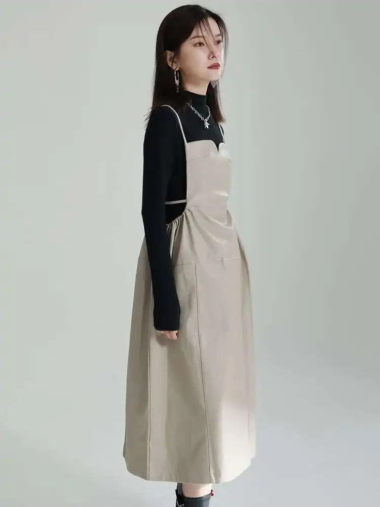 Women Apricot PU Leather Big Size Spaghetti Strap Dress New Square Collar Loose Fit Fashion Spring Autumn 2025 1DF4804