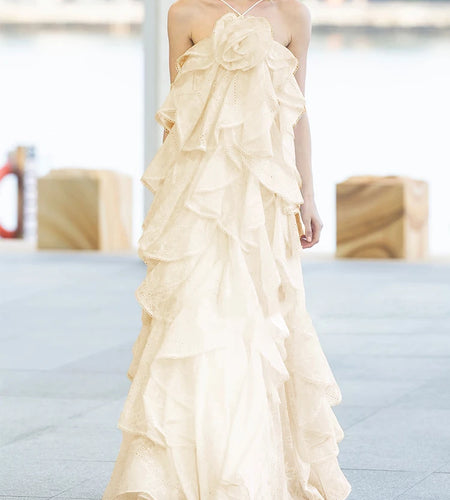 Elegant Patchwork Ruffle Maxi Dresses For Women Halter Collar Sleeveless Patchwork Floral Dress Female Fashion New