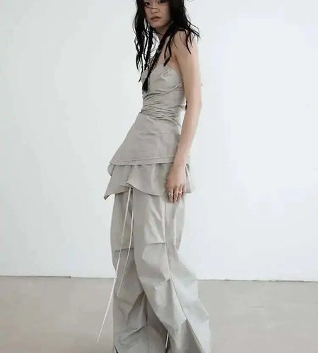 High Waist Gray Drawstring Ruffles Pleated Long Wide Leg Pants New Trousers Women Fashion Tide Spring Autumn 2025 1DH6257